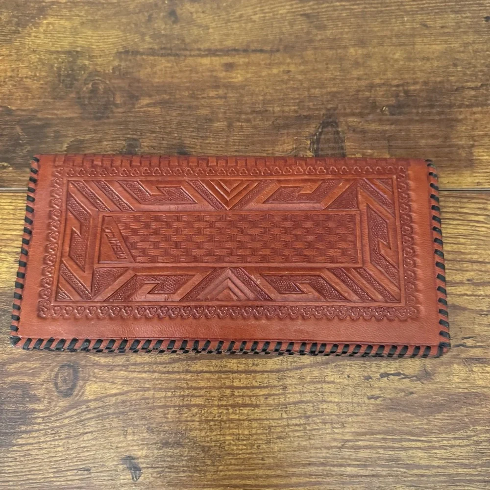 Hand Tooled‎ Brown Leather Aztec Calendar Long Wallet